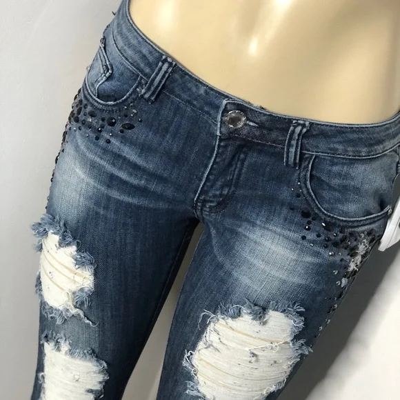 Machine Women's Distressed Blue Skinny Jeans - Picture 2 of 4